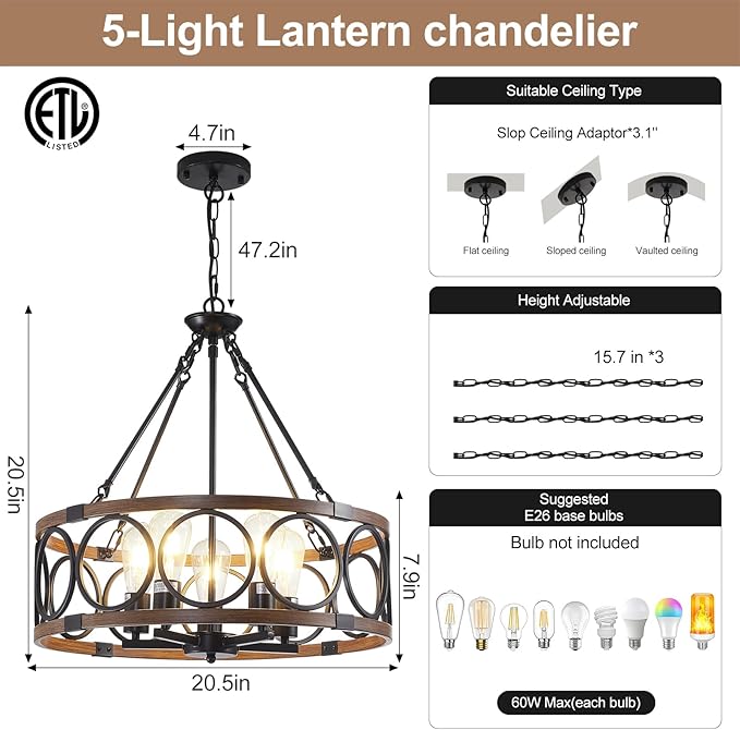 20.5'' Farmhouse Chandelier, 5-Light Walnut Wood Grain Dining Room Light Fixture Over Table, Rustic Industrial Drum Hanging Pendant Lights Fixture for Kitchen Island Bedroom Hallway Foyer Entryway