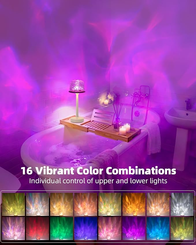 CHLORANTHUS Waterproof Shower Lamp, Ocean Wave Projector – Rechargeable Bathroom Night Light for Home Spa – 2-in-1 Cordless Table Lamp, 16 Colors Remote Touch Control – Relaxing Gifts Women & Kids