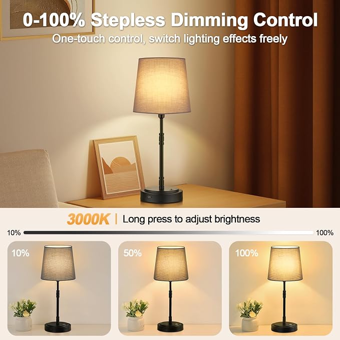Cordless Table Lamps Set of 2 – Battery Operated Lamp with 7500mAh Rechargeable Battery, Stepless Dimmable Black Lamps with Grey Shade, Wireless Lamps for Dining Room & Nightstand (Bulbs Included)