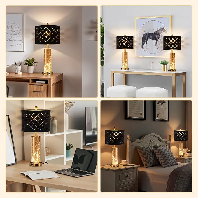 25.6" Black Table Lamps Set of 2, Tall Bedside Lamps with Nightlight, Modern Nightstand Lamp with USB Ports, Desk Lamp for Bedroom, Living Room, Office, LED Bulbs Included B01TL05