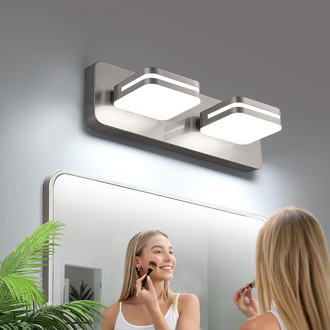 360° Rotate 2-Light LED Bathroom Vanity Light Fixtures, 900LM Acrylic Brushed Nickel Vanity Lights for Bathroom, Modern Wall Lighting Fixtures Over Mirror Kitchen Living (Natural White Light 5000K)