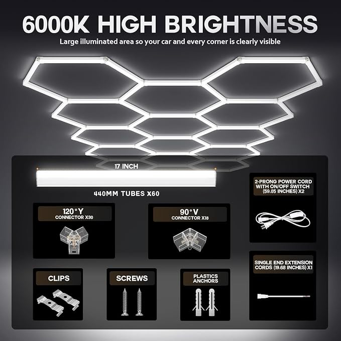 31Lights LED Hexagon Honeycomb Lights,7-Hex Honeycomb Lights 48800Lumens Hexagon DIY Super Bright Car Detailing Ceiling 488W LED Shop Light for Warehouse Workshop Gym Basement