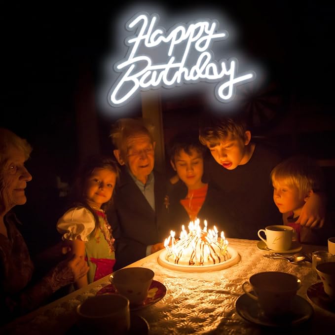 Happy Birthday Neon Sign for Wall Party Decor, LED Happy Birthday Light up Sign for Backdrop, 16"x 11" USB Powered 10 Brightness Settings Light up Signs Party Decorations Backdrop, Cool White