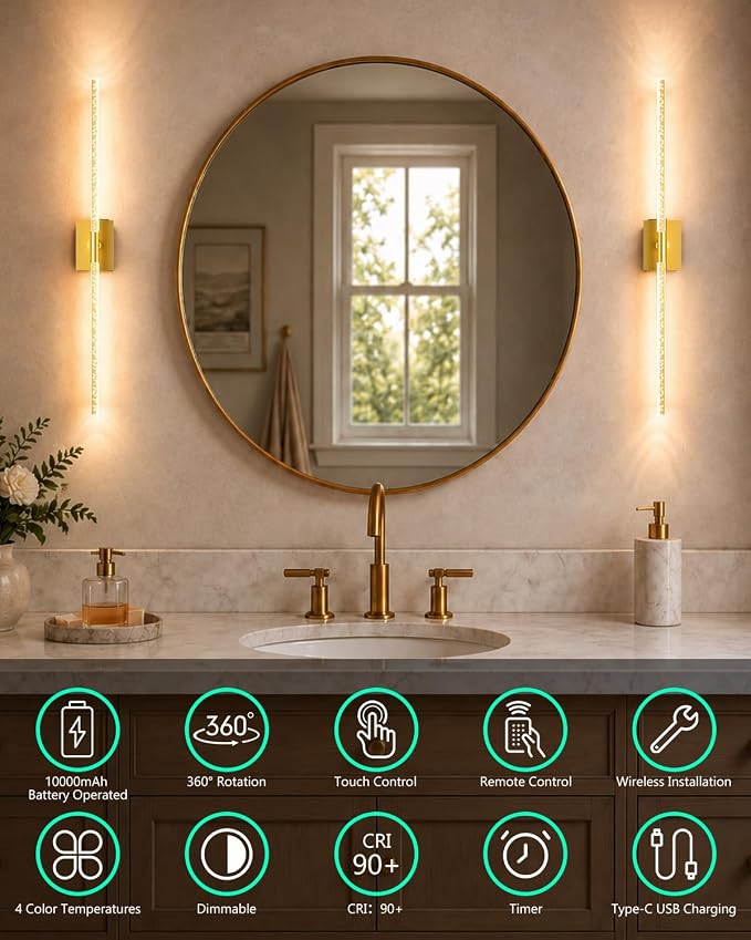 Battery Operated Wall Sconces Set of 2, Crystal Bubble Wireless Wall Light | Rechargeable 10000mAh, Touch & Remote Control, 360°Rotate 4CCT Dimmable, Wall Lamp for Living Room Bedroom Hallway Gold 31.5"