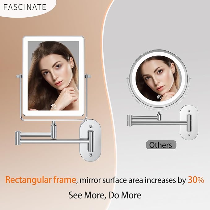 FASCINATE 5000mAh Rechargeable Wall Mounted Makeup Mirror, 8.7" Double Sided Touch Switch 1X/30X Rectangle Wall Mounted Magnifying Mirror with Light, 3 Color Setting, Extended Arm 360° Swivel Foldable