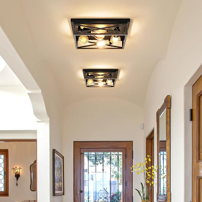 Farmhouse Rustic Ceiling Light for Kitchen, 4-Light Hallway Flush Mount Light Fixtures Ceiling Mount, Industrial Metal Cage Ceiling Light for Farmhouse,Kitchen,Hallway E26 Base (1 Pack 13in)