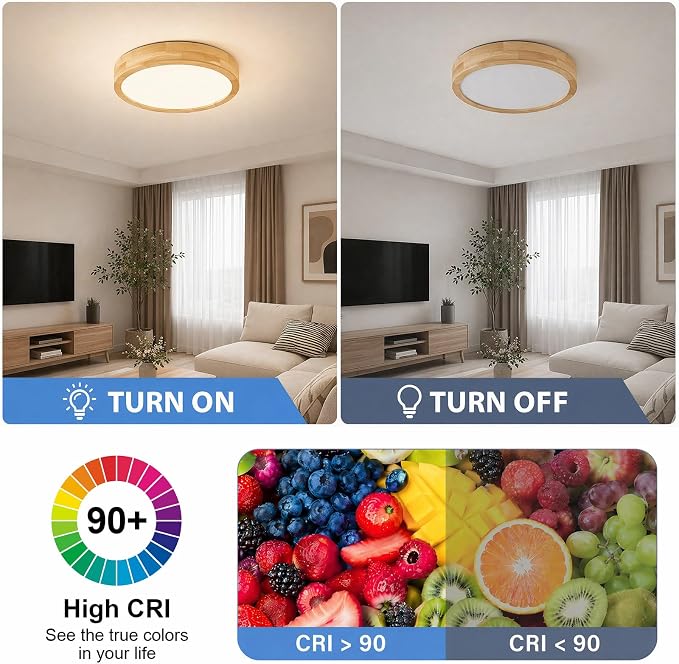 Pevfah Modern Dimmable 15.74 in Wood Flush Mount Ceiling Light, 5CCT LED Round Close to Ceiling Lighting Fixtures, Minimalist Ceiling Lamp for Bedroom, Kitchen, Hallway, Laundry Room