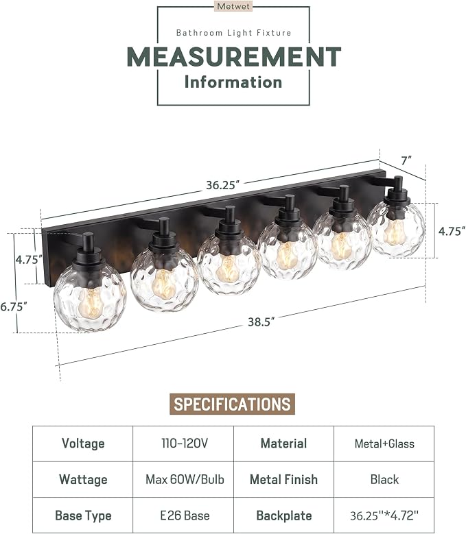 6-Light Black Bathroom Vanity Light, Hammered Glass Globe Shade | 38 Inch matte black modern bathroom light fixture over mirror, UL listed, E26 bulbs, hardwired, upward only, VL200-MB-CL-6