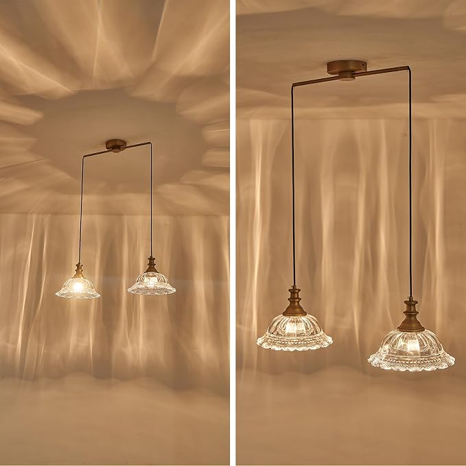 HDDFL Vintage 2 Light Pendant Light Fixtures Modern Glass Hanging Lamps with Adjustable Cord for Kitchen Island Dining Room Living Room Hallway