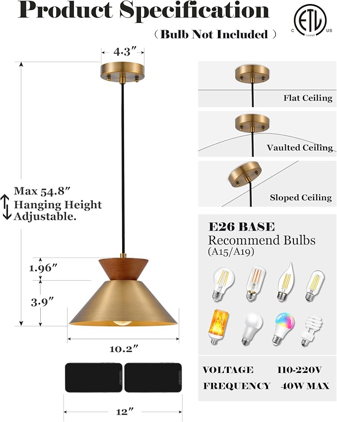 ELYONA Vintage Pendant Light for Kitchen Island, 10" Solid Wood Hanging Lamp with Brushed Brass Metal Shade & Gold Inner Finish, Mid Century Pendant Light Fixtures for Dining Room Bedroom Living Room