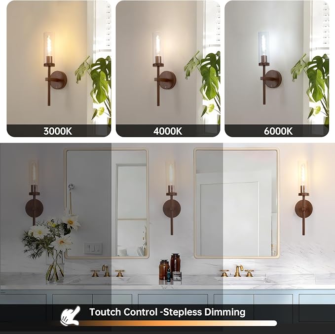 Shenmoyl Battery Operated Wall Sconces Set of 2, Walnut Color Rechargeable Wall Lighting Fixtures, Dimmable Wall Lights with Remote & Clear Glass Shade for Living Room, Bathroom,Bedroom
