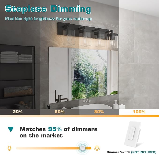 Bathroom Vanity Light, Square Design 4 Lights Morden Bathroom Lighting Fixtures Over Mirror, Black Bathroom Light Vanity Fixtures for Bathroom/Living Room/Bedroom