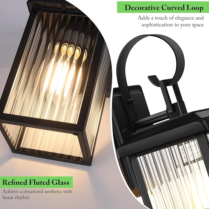 2-Pack Outdoor Wall Light Fixtures with Fluted Glass, Black | Waterproof, Rust-Resistant, Durable Metal, Standard E26 Socket, Easy to Install