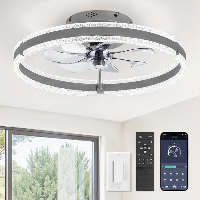 LEDIARY Ceiling Fans with Lights and Remote, 20'' Low Profile Ceiling Fan with Light, 3000-6000K Dimmable Fandelier Ceiling Fans, Modern Flush Mount Fan Light for Bedroom with 6 Wind Speeds-Sandy Gray | 3000-6000K Dimmable LED, 6 Wind Speeds, Quiet Rev...