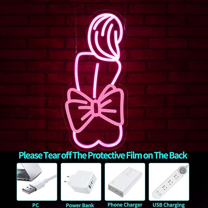 Lady Neon Sign - Pink Bow Neon Signs for Wall Decor, Lady Led Sign for Bar, Party, Home, Room Decor, USB Powered