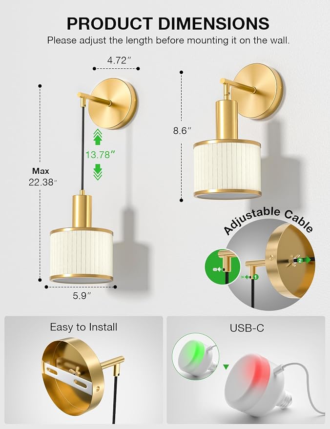 Battery Operated Wall Sconce Set of 2, Gold & Off-White Wireless Rechargeable Wall Lights with 5200mAh Dimmable Detachable Bulbs and Remote, 9 Colors Sconces Wall Decor for Bedroom Living Room