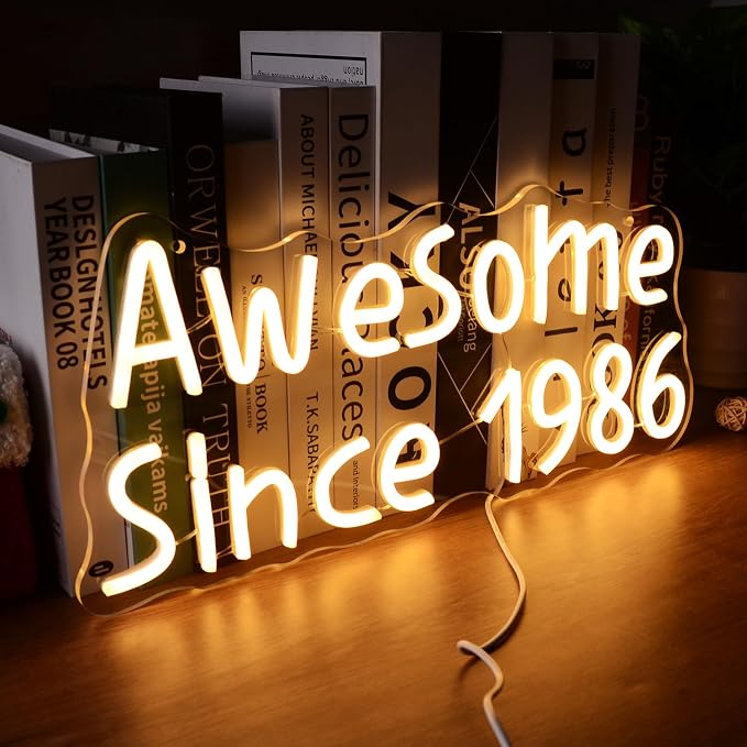 Awesome Since 1986 Neon Sign Happy 40 Years Old Birthday LED for Men Women | Warm White Forty Glowing Light for 40th Wedding Anniversary Party Decorations