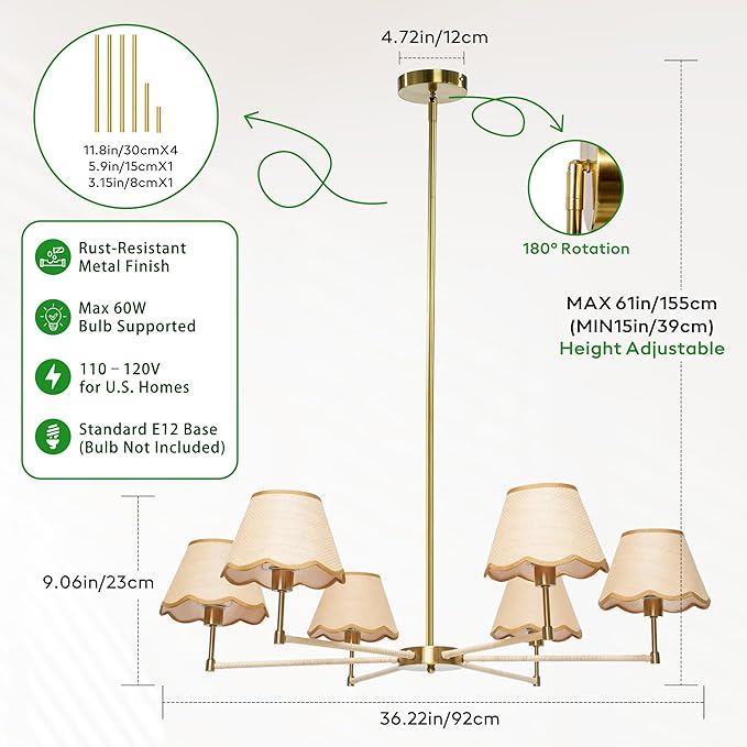 Large Rattan Chandelier Boho Style, 6-Light Rattan Pendant Light Fixture for Living Room, 39”Adjustable Cottage Rattan Hanging Lamp Ceiling Light for Dining Kitchen Island, E12 Socket