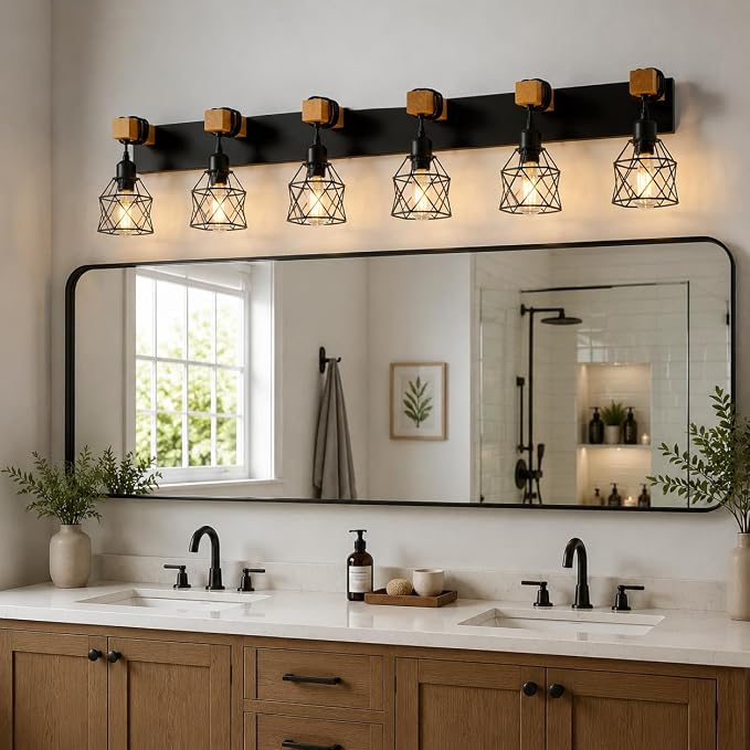 Farmhouse Vanity Light Fixture,6-Light Bathroom Lighting,Black Industrial Wood Wall Light Over Mirror with Metal Shade,LED Bulbs Not Included