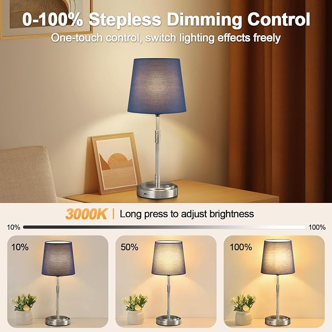 Cordless Table Lamps Set of 2 – Battery Operated Lamp with 7500mAh Rechargeable Battery, Stepless Dimmable Brushed Nickel Lamps with Blue Shade, Wireless Lamps for Dining Room (Bulbs Included)
