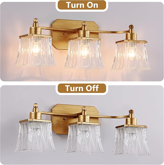 Gold Bathroom Vanity Light Fixture, 3-Light Vanity Lights for Bathroom , Matte Antique Brass Finish, with a Square Crystal Glass Shade, Vintage Bathroom Lighting Fixture over Mirror (Gold, 3 Light)