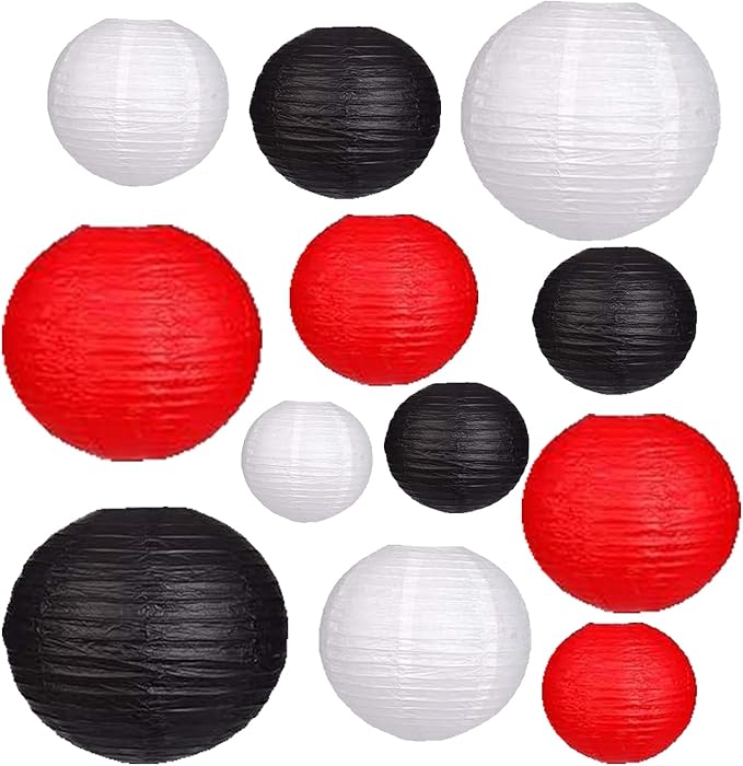 12Pcs Paper Lanterns 6”, 8”, 10”, 12”,Paperlanterns Party Decoration, Black White Red Paper Lanterns for Wedding, Bridal, Birthday, Outdoor, Home, Garden, Holiday and Party.