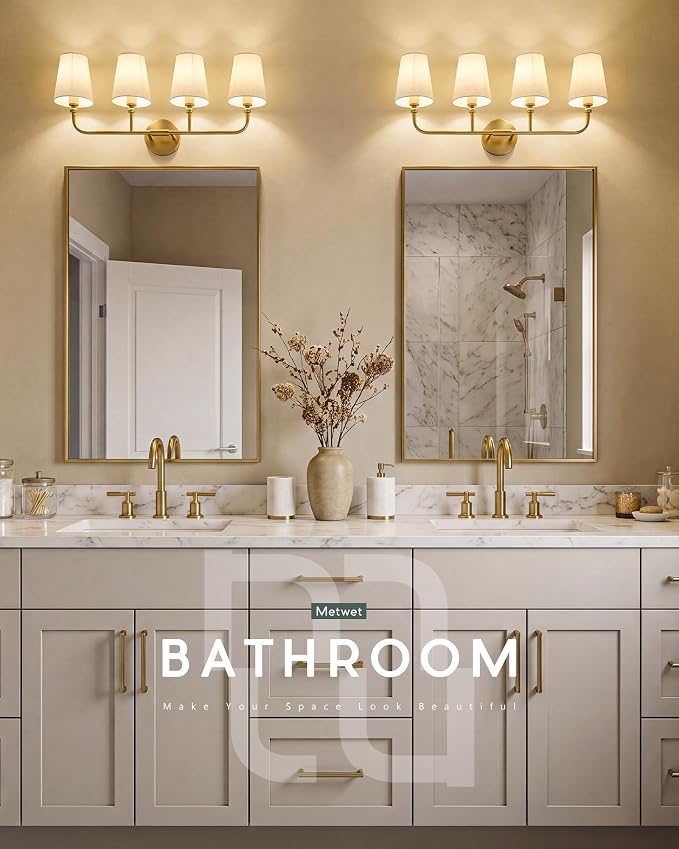 4-Light Brushed Gold Bathroom Vanity Light with Linen Fabric Shade | 28 Inch gold bathroom light fixture over mirror, UL listed, E26 bulbs, hardwired, upward only, VL837-BG-A-4