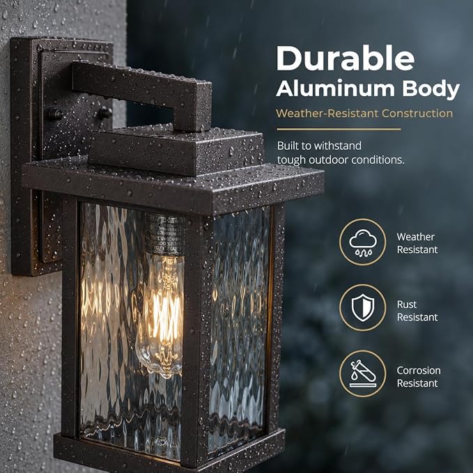 Brown Outdoor Wall Light Fixtures with Water Ripple Glass, 2-Pack