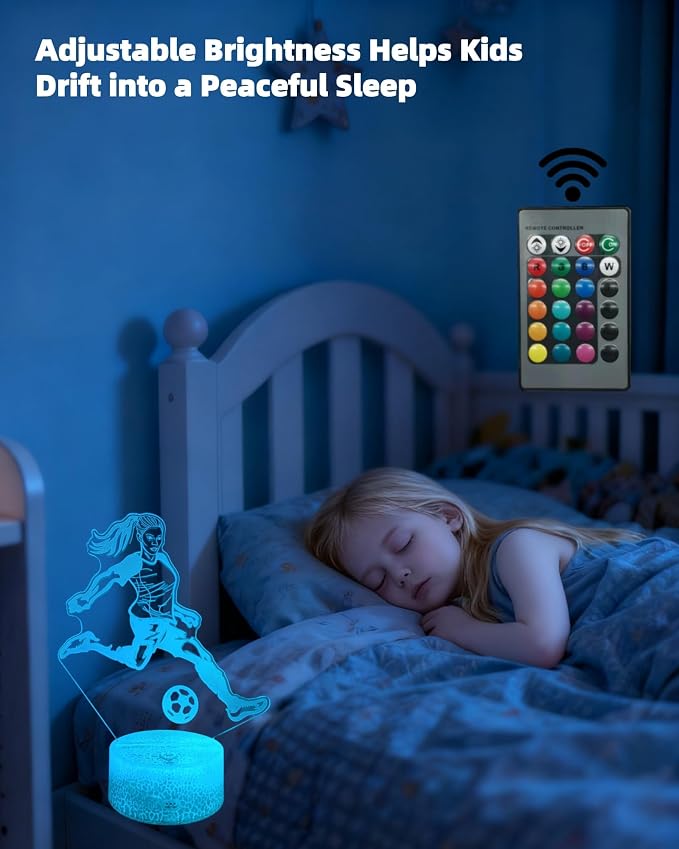 Women Soccer Player 3D Illusion Night Light for Girls Gift | 16 Colors Changing, Dimmable, Touch & Remote Control, Birthday Christmas Lamp For Kid Teen Sports Fan, Bedroom Room Décor
