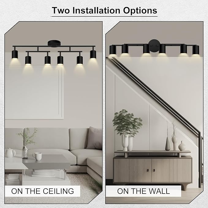 6 Light Track Lighting Fixtures Ceiling, Matte Black Kichen Track Lighting Fixtures with Rotatable Light Heads, Upgrade Light Poles, Modern LED Sopt Lights for Kitchen/Hallway, No GU10 Bulb