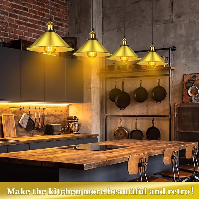 6 Pieces Industrial Pendant Lights E26 E27 Base Farmhouse Lampshade for Hanging Light Vintage Metal Shade Fixtures Barn for Kitchen Dining Room Home Bar Foyer (Gold)