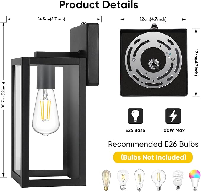 2-Pack Dusk to Dawn Outdoor Wall Lights, Black Exterior Sconces | Auto ON/OFF, Waterproof, Rust-Resistant, Durable Metal with Clear Glass, Standard E26 Socket, Easy to Install