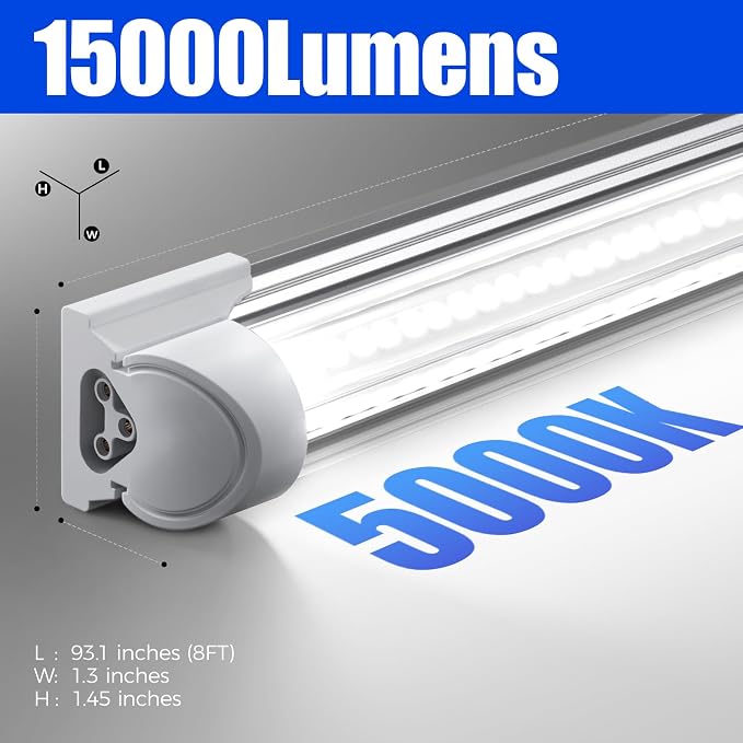 Barrina T8 LED Shop Lights 8FT, 100W 15000LM 5000K, 4 Pack, High Output | 8 Foot for Garage Workshop and Workbench Use, Easy Clip Ceiling Mount, Linkable to 3, V Shape, Aluminum, Clear Cover