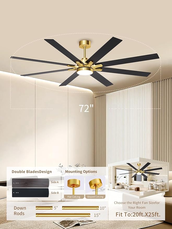 LANMEL Metal Ceiling Fan with Lights and Remote, 72 Inch, Gold & Black | Modern Low Profile Flush Mount, Reversible, 3CCT Dimmable, Quiet, LED, For Bedroom, Living Room, Indoor/Outdoor Patio Use