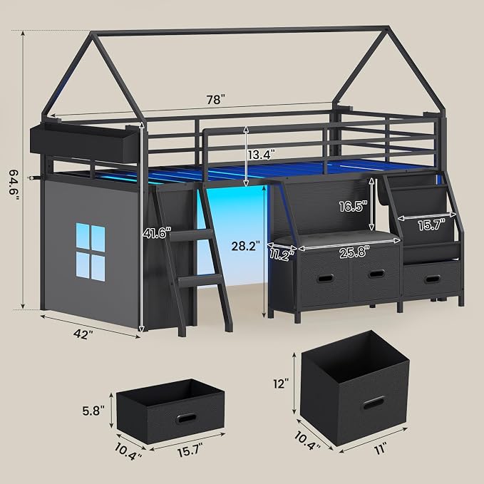 ADORNEVE Low Loft Bed Twin Size with Bookshelf, Reading Nook & 3 Drawers | Kids Loft Bed, LED, Storage Drawers, Beside Box, Under-Bed Play Space,Safety Guardrail, Inclined Ladde, Play Curtain, Black