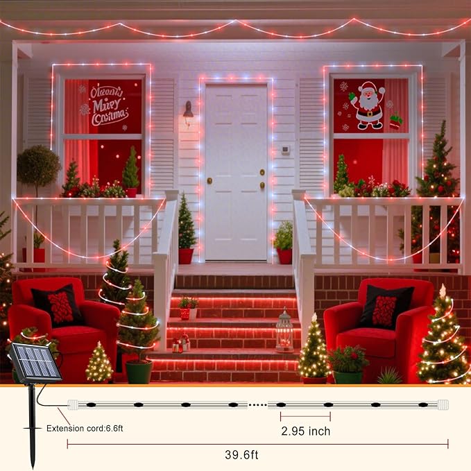 33FT 135LED Solar Rope Lights Waterproof, Red and White Solar String Lights for Outside 8 Modes, Solar Powered Fairy Lights for Party Garden Yard Home Holiday Decorations