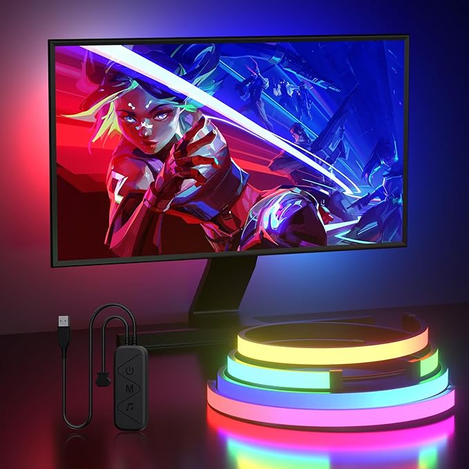 Monitor LED Backlights, 4-Side 24-32inch LED Strip Light Sync with Screen Color/Music, Computer Light Bar Behind Screen, for PC/Mac, LEDs for Desk Gaming, USB Interface (4-Side 24inch)