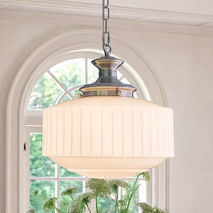 Vintage Milk Glass Pendant Lights, 13.8" White Pleated Glass Chandelier, Schoolhouse Antique Pendant Lights, for Kitchen Island Lighting, Hallway, Bedroom, Dining Room, Foyer, E26 Bulb Included
