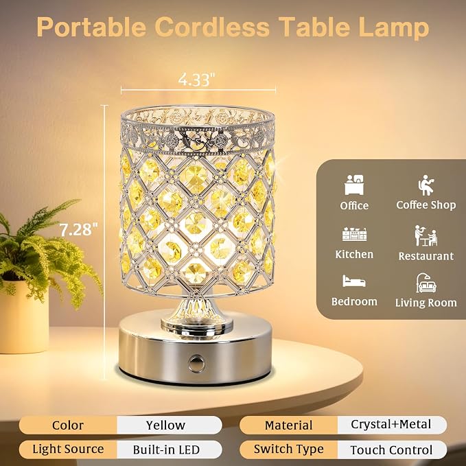 Yellow Small Crystal Rechargeable Cordless Table Lamps Set of 2 | 6000mAh Battery, 3 Color Temps, Stepless Dimming, Touch Control, Portable Wireless Night Light for Bar Bedroom Living Room