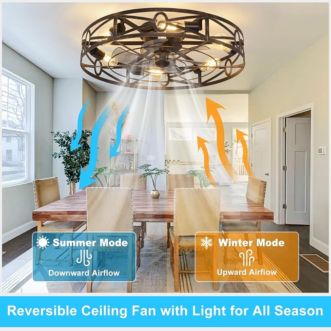 Depuley Flush Mount Ceiling Fan: 24" Caged Ceiling Fans with Remote Control for Patio Kitchen Bedroom - Low Profile Fandelier Lights Fixture Reversible 6 Speed Timer Brone 6*E26 Bulb Not Included