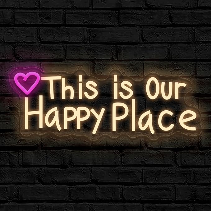 This is our happy place neon sign, suitable for wedding birthday girl party bar wall decoration, dimmable, USB powered, pink heart shape