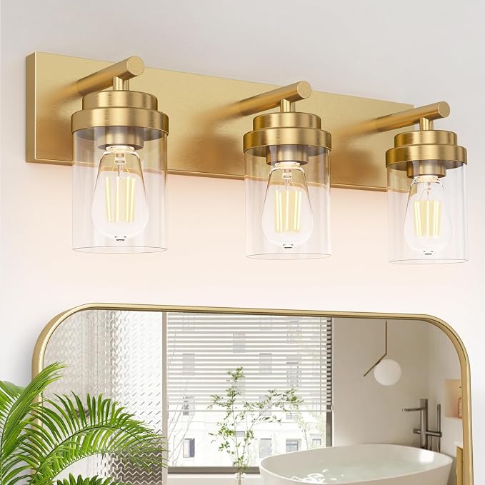 IZORRO Bathroom Vanity Light Fixture, 3-Light 22 Inch Gold Bathroom Light Fixtures Over Mirror, with Clear Glass Shade, Modern Farmhouse Vanity Lights, Rustic Restroom Lighting Fixtures