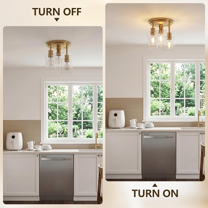 Semi Flush Mount Ceiling Light, 3-Light Close to Ceiling Light Fixtures, Brass Gold Finish Kitchen Light Fixtures with Clear Glass Shade Patriot Lighting for Entryway Porch Hallway, 8.8"X11"