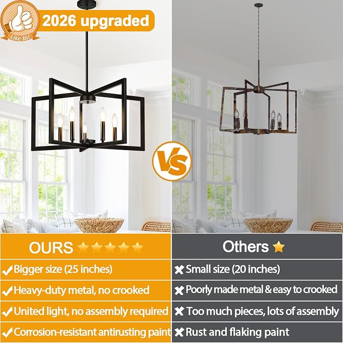 25"-61" Height Adjustable Modern Matte Black Chandelier for Dining Room, No Assembly Required Black Dining Room Light Fixture Over Table, Industrial Metal Pendant Lights Fixture for Kitchen Island