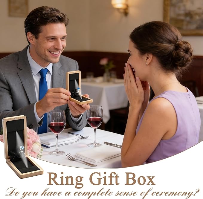 Wooden Engagement Ring Box For Proposal Jewelry Gift Box Wood Rotating Wedding Day Ring Box With Led Light Gift Packaging(Ash Wood)