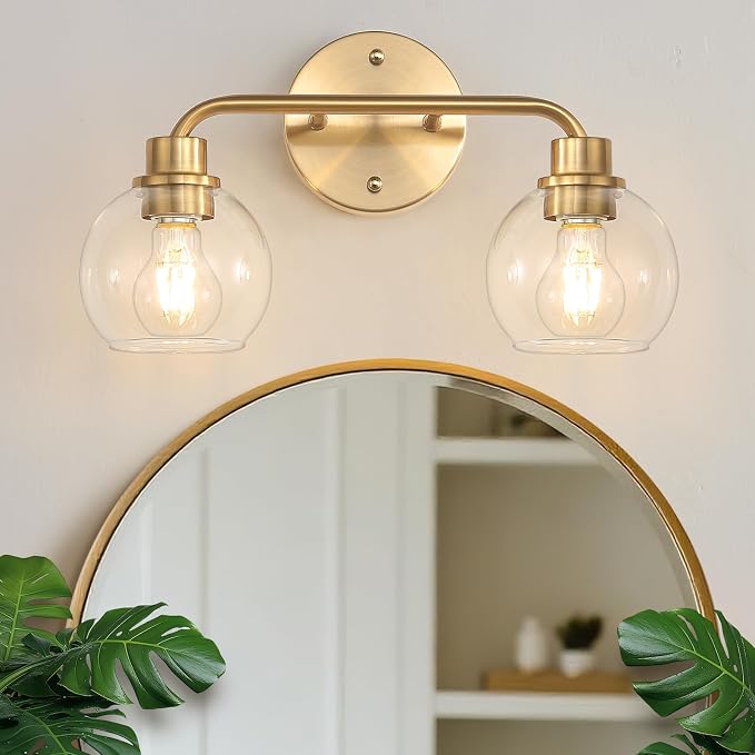 Bathroom Light Fixtures Gold Vanity Light 2 Light Brushed Brass | Wall Sconces Lighting with Clear Globe Glass Shades Bath Wall Lamp for Mirror Kitchen Living Room Bedroom Hallway
