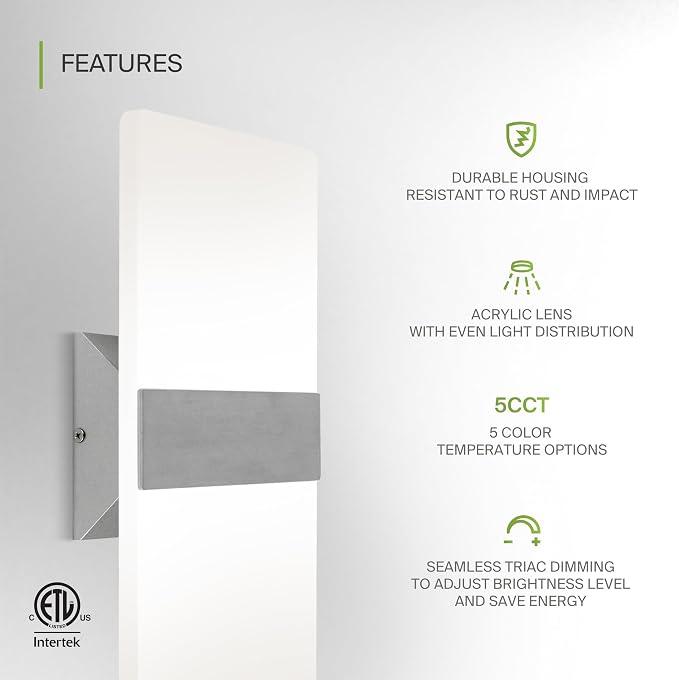 ASD 14 Inch Indoor LED Wall Sconce - 24W 2700K-5000K Dimmable Brushed Nickel Wall Sconce Lights for Living Room, Bedroom, Bathroom, Hallway - Modern Wall Sconces Hardwired, ETL Interior Light Set of 2