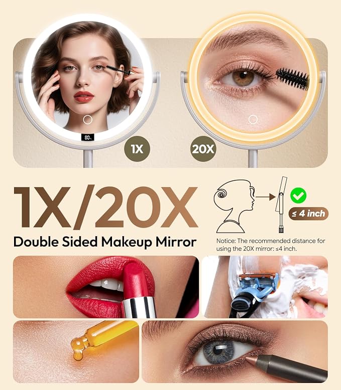 7" ABS Lighted Makeup Mirror with Lights, 1X/20X Magnifying Mirror with Light and Digital Display, 2.6in Height Adjustable, Rechargeable, 3 Color Modes for Makeup & Shaving, Easy to Detach, Women Gift