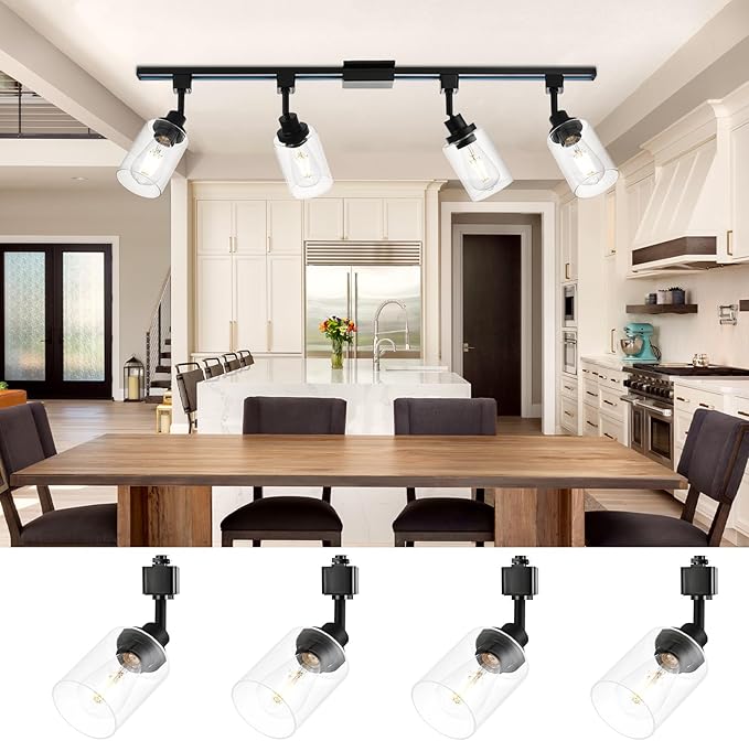 4 Pack H Track Lighting Heads Black Track Lighting Fixtures Ceiling with Clear Glass Shades, H Type Track Lighting Replacement Heads Indoor Spotlight for Accent Retail Kitchen Island Lighting
