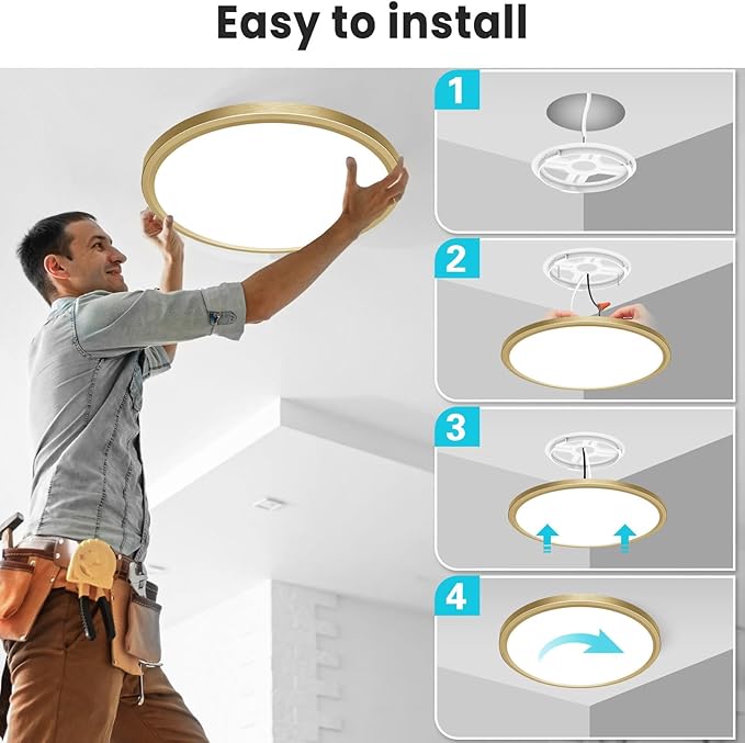 libtit 12 Inch LED Ceiling Light Golden, 28W 3200lm Aureate Flush Mount Ceiling Light, 3 Color Temperature 3000K/4500K/6000K, Gilded Round Flat Light Fixture for Kitchen Bathroom Shower